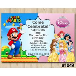 Twin Super Mario and Disney Princesses Invitation